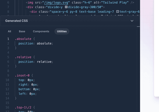 Tailwind Play interface with a panel showing the CSS generated for that playground.